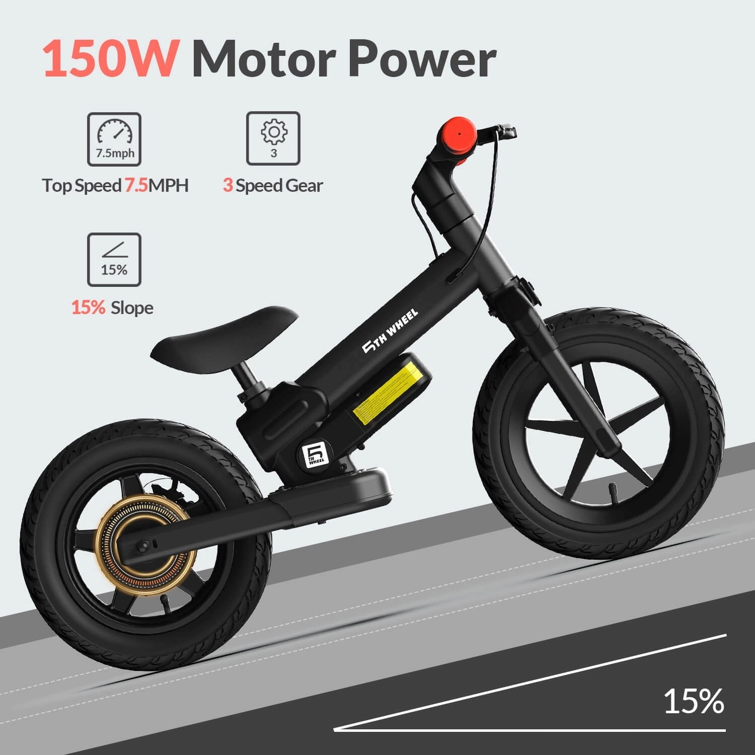 5Th Wheel KB09 150W Electric Balance Bike for Kids, Black - 12" Pneumatic Tire with Dual Brake