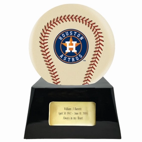 Baseball Cremation Urn with Optional Ivory Houston Astros Ball Decor and Custom Metal Plaque