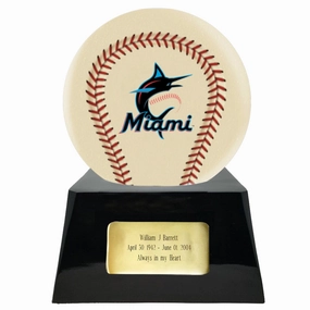 Baseball Cremation Urn with Optional Ivory Miami Marlins Ball Decor and Custom Metal Plaque