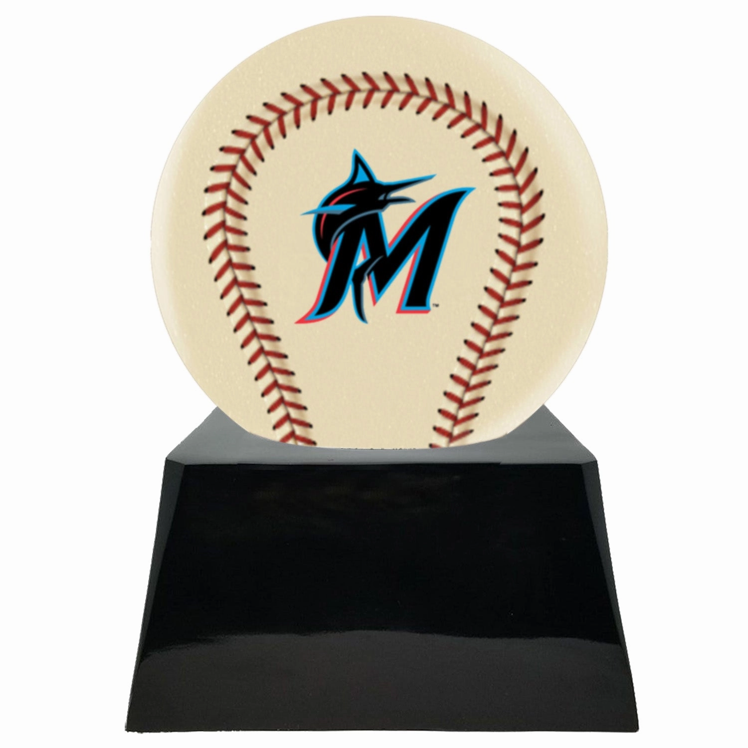 Baseball Cremation Urn with Optional Ivory Miami Marlins Ball Decor and Custom Metal Plaque