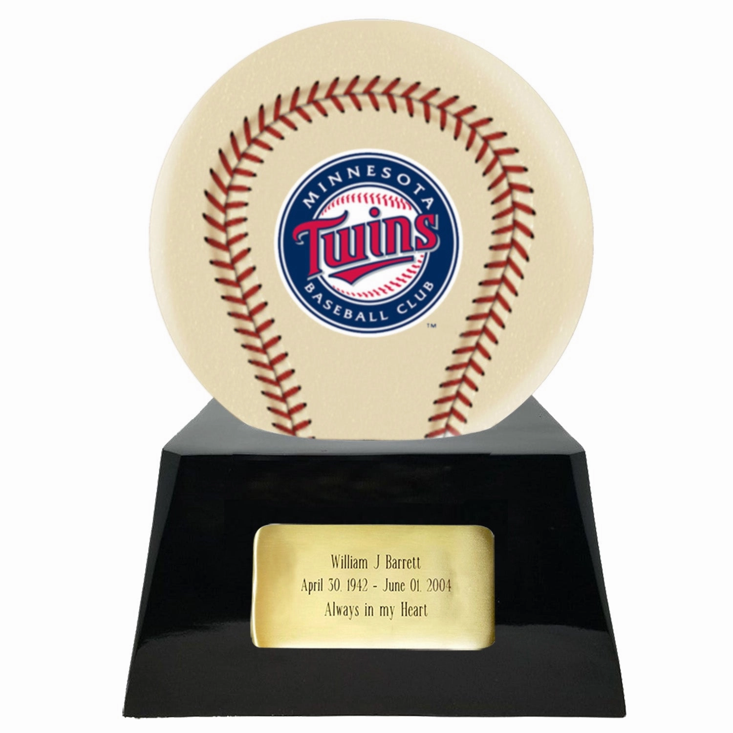 Baseball Cremation Urn with Optional Ivory Minnesota Twins Ball Decor and Custom Metal Plaque