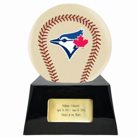 Baseball Cremation Urn with Optional Ivory Toronto Blue Jays Ball Decor and Custom Metal Plaque
