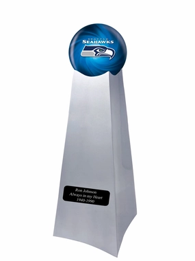 Championship Trophy Cremation Urn with Optional Football and Seattle Seahawks Ball Decor and Custom Metal Plaque