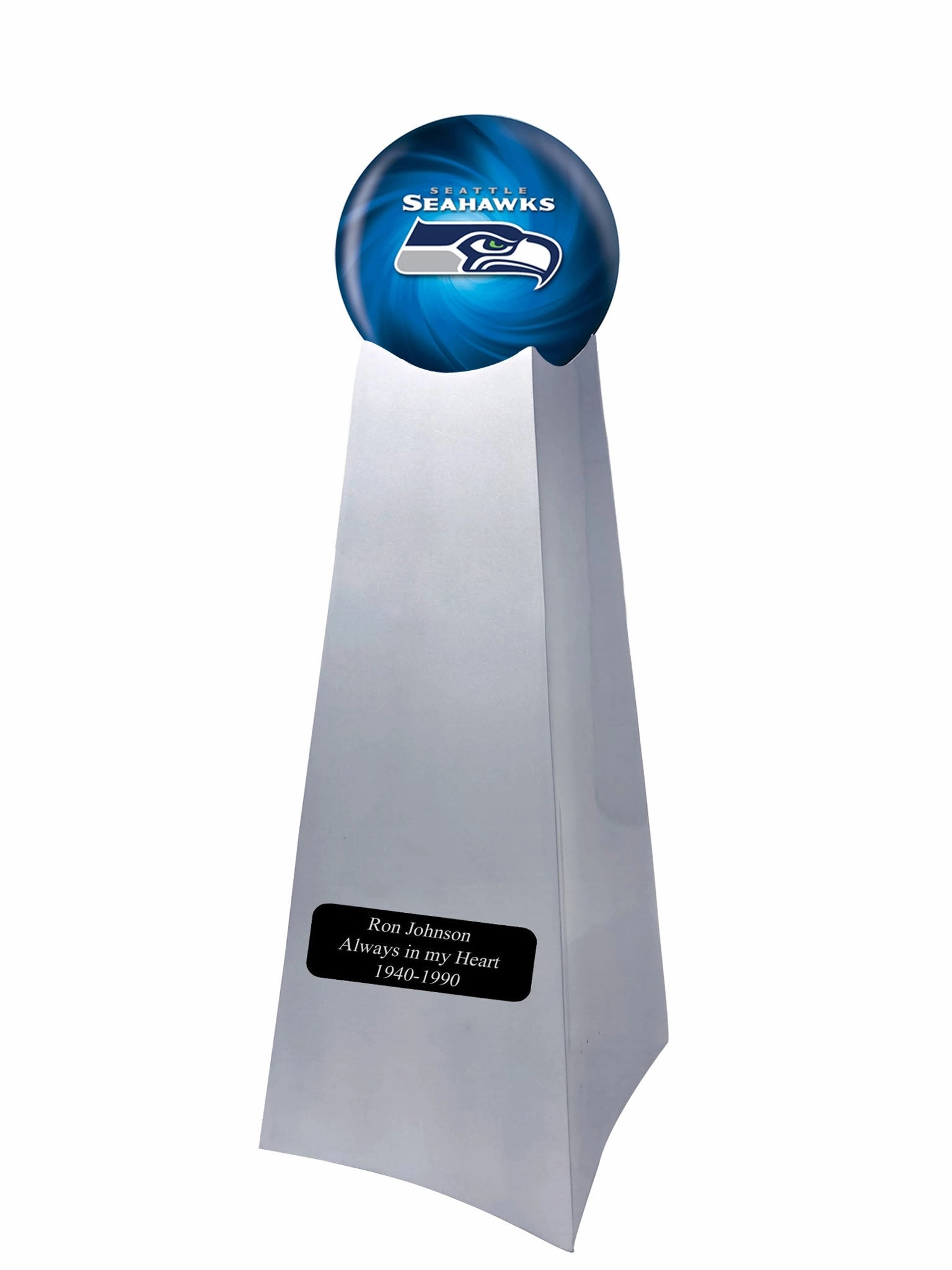 Championship Trophy Cremation Urn with Optional Football and Seattle Seahawks Ball Decor and Custom Metal Plaque