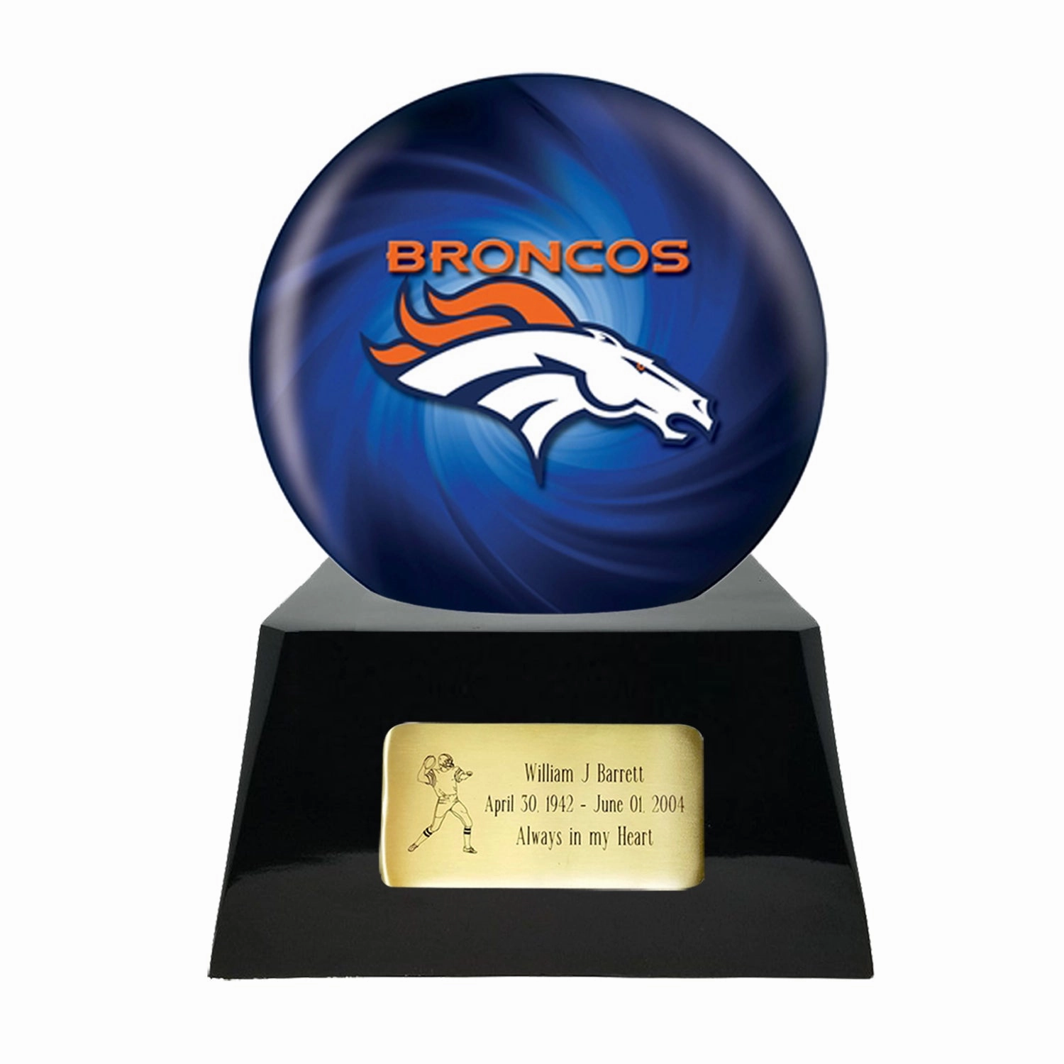 Football Cremation Urn with Optional Denver Broncos Ball Decor and Custom Metal Plaque