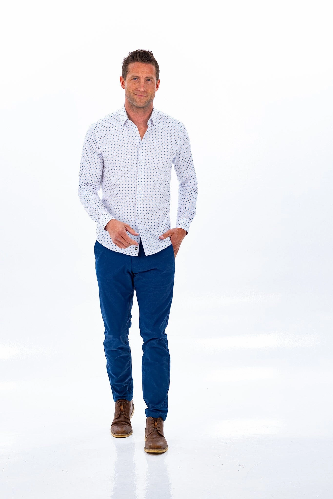 Hustle Sport Shirt - Long Sleeve - White Cobalt Diamond