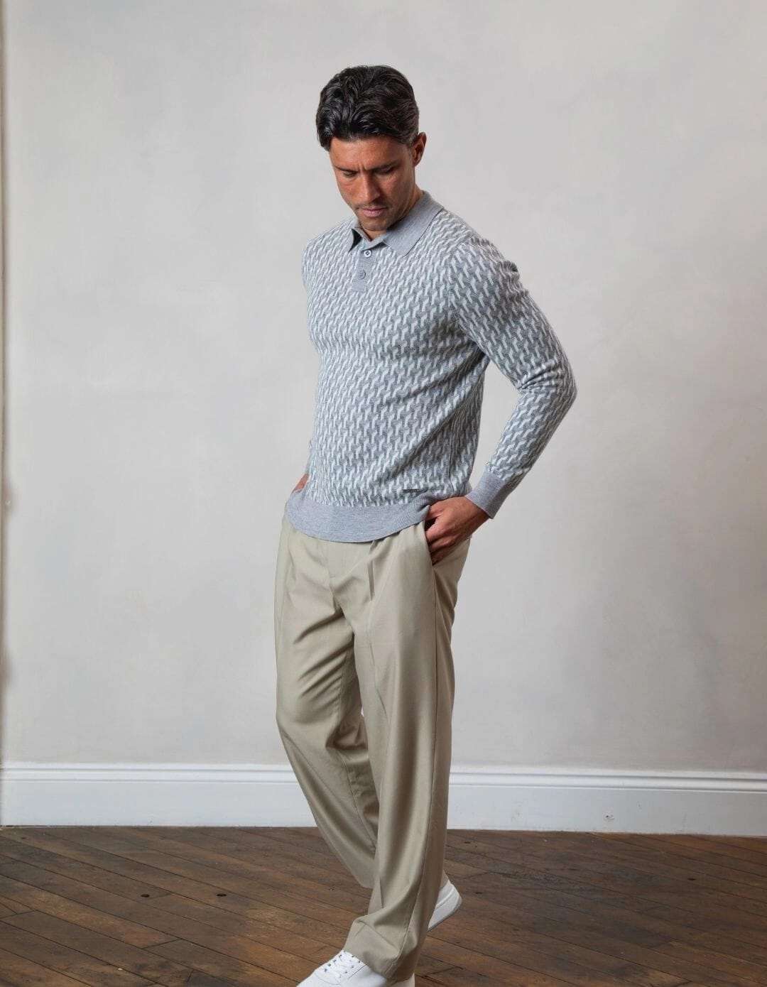 L/S Grey Illusion Knit Print Polo
