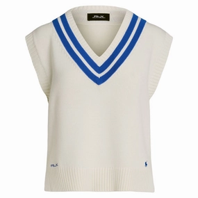 Ralph Lauren Cotton V-Neck Sweater Golf Vest Ceramic White/Iris Blue - FW24 Women