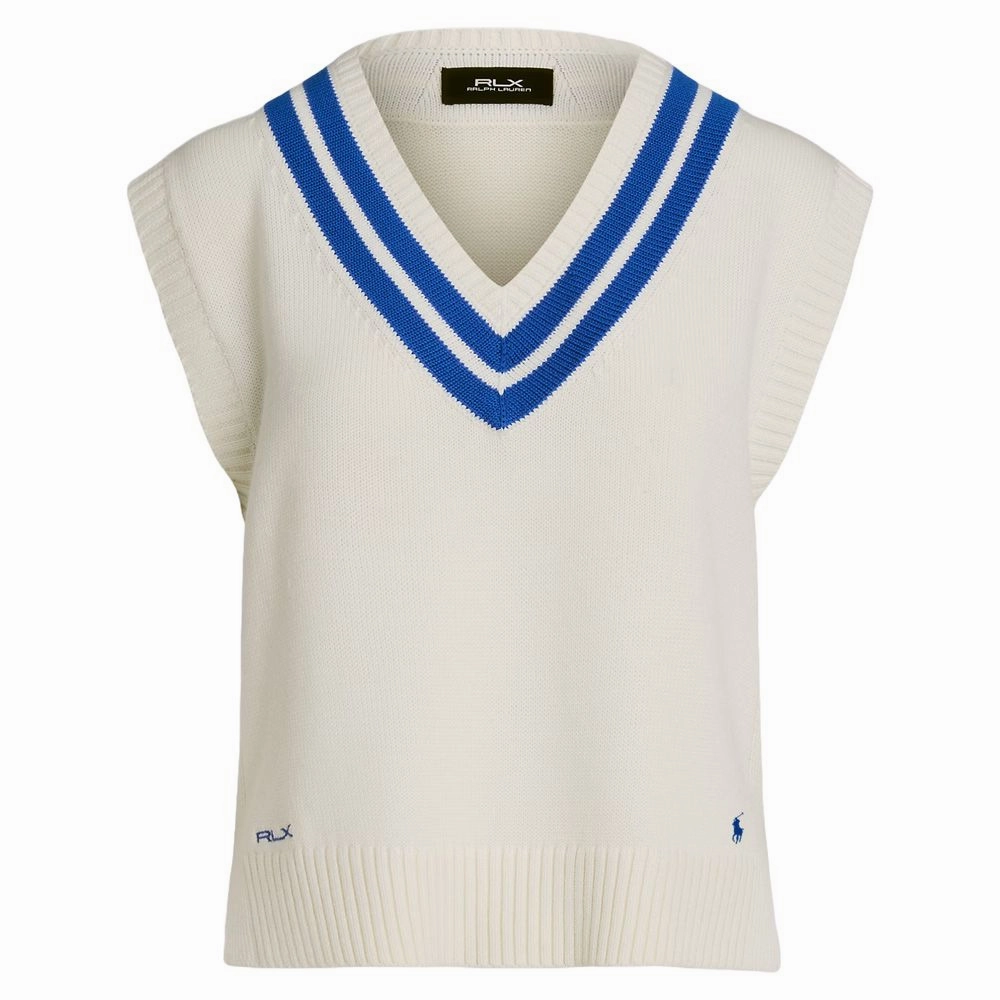 Ralph Lauren Cotton V-Neck Sweater Golf Vest Ceramic White/Iris Blue - FW24 Women