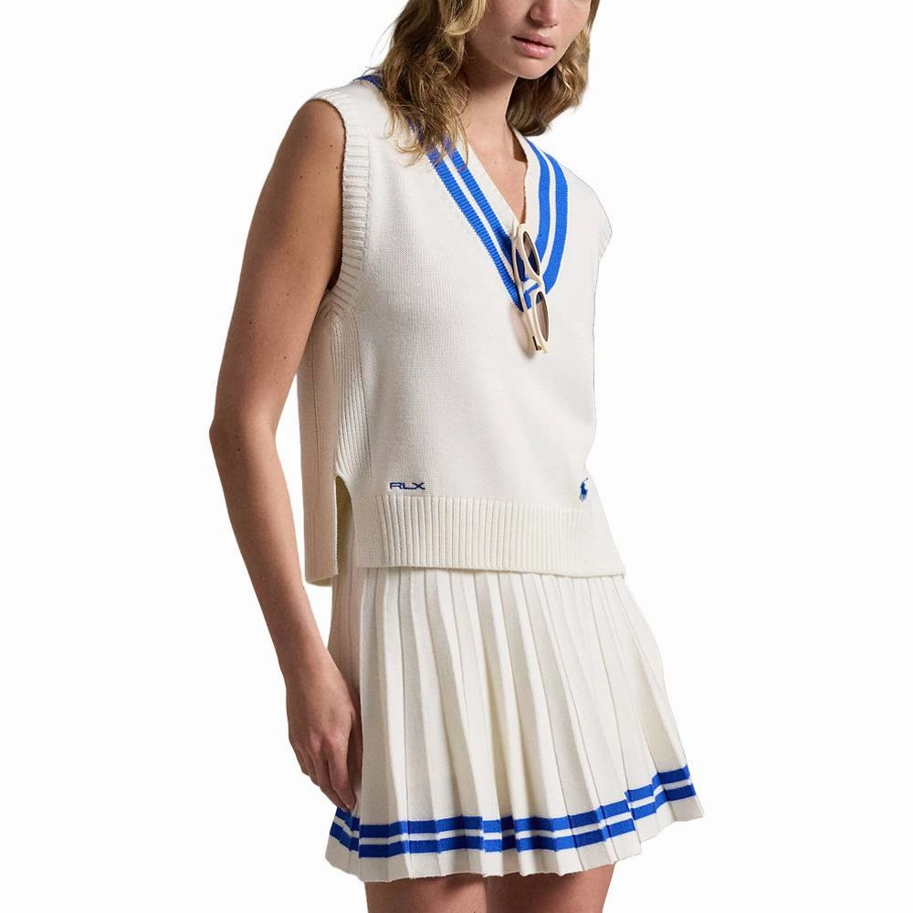 Ralph Lauren Cotton V-Neck Sweater Golf Vest Ceramic White/Iris Blue - FW24 Women