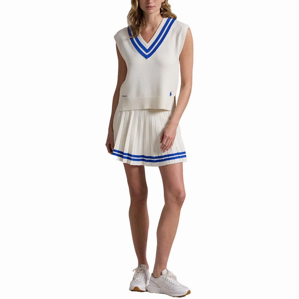 Ralph Lauren Cotton V-Neck Sweater Golf Vest Ceramic White/Iris Blue - FW24 Women