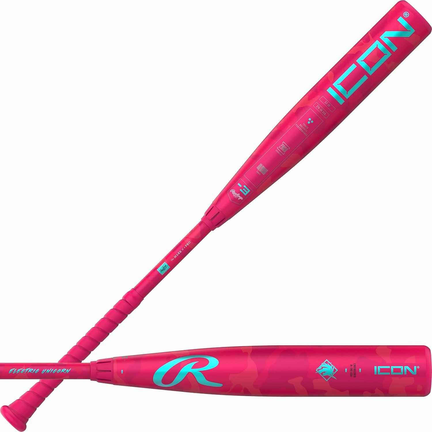 Rawlings 001RW261 33 30 2025 ICON Baseball Bat, -3 Drop, 2 5/8' Barrel, 2 Pc. Composite, Pink, Electric Unicorn, 33 Inches