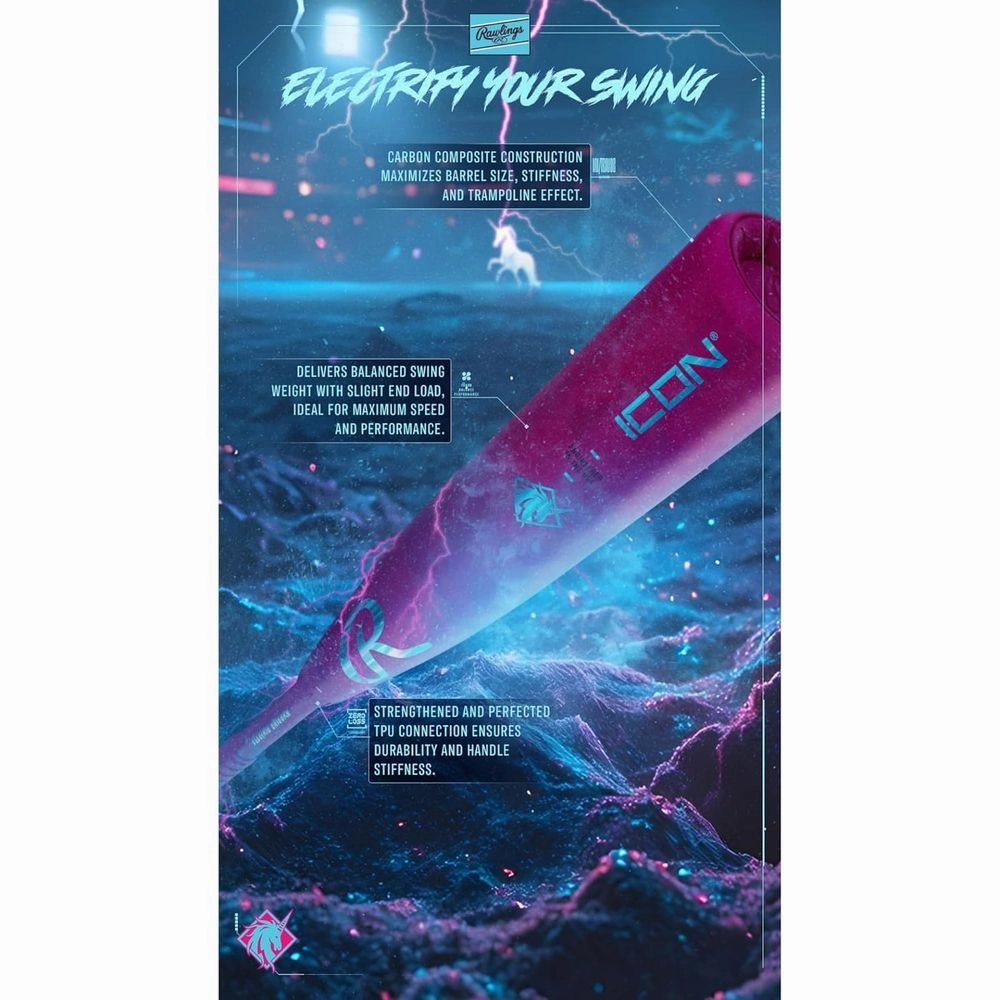 Rawlings 001RW261 33 30 2025 ICON Baseball Bat, -3 Drop, 2 5/8' Barrel, 2 Pc. Composite, Pink, Electric Unicorn, 33 Inches