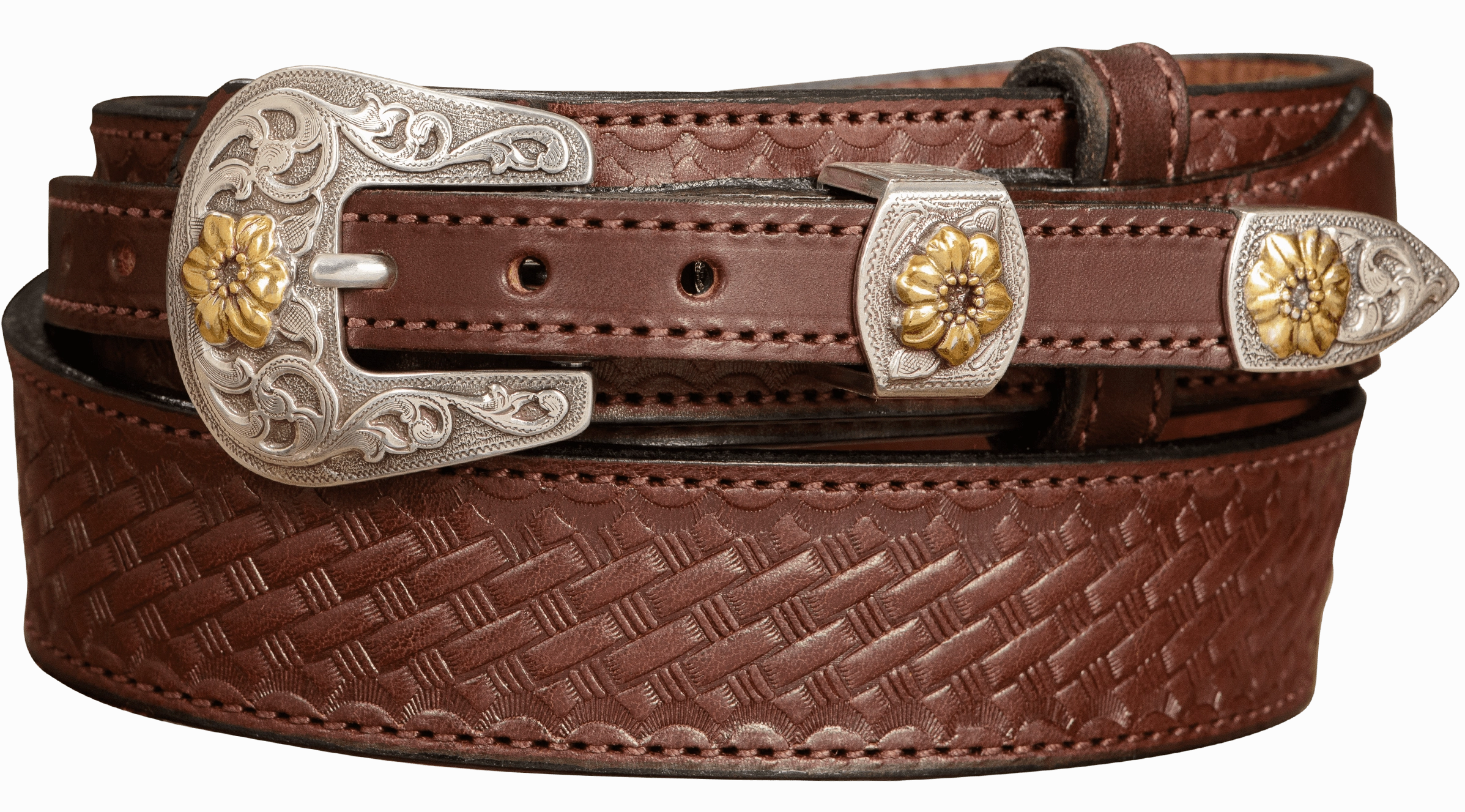 The Texan: Brown Stitched Basket Weave Western Ranger 1.50"