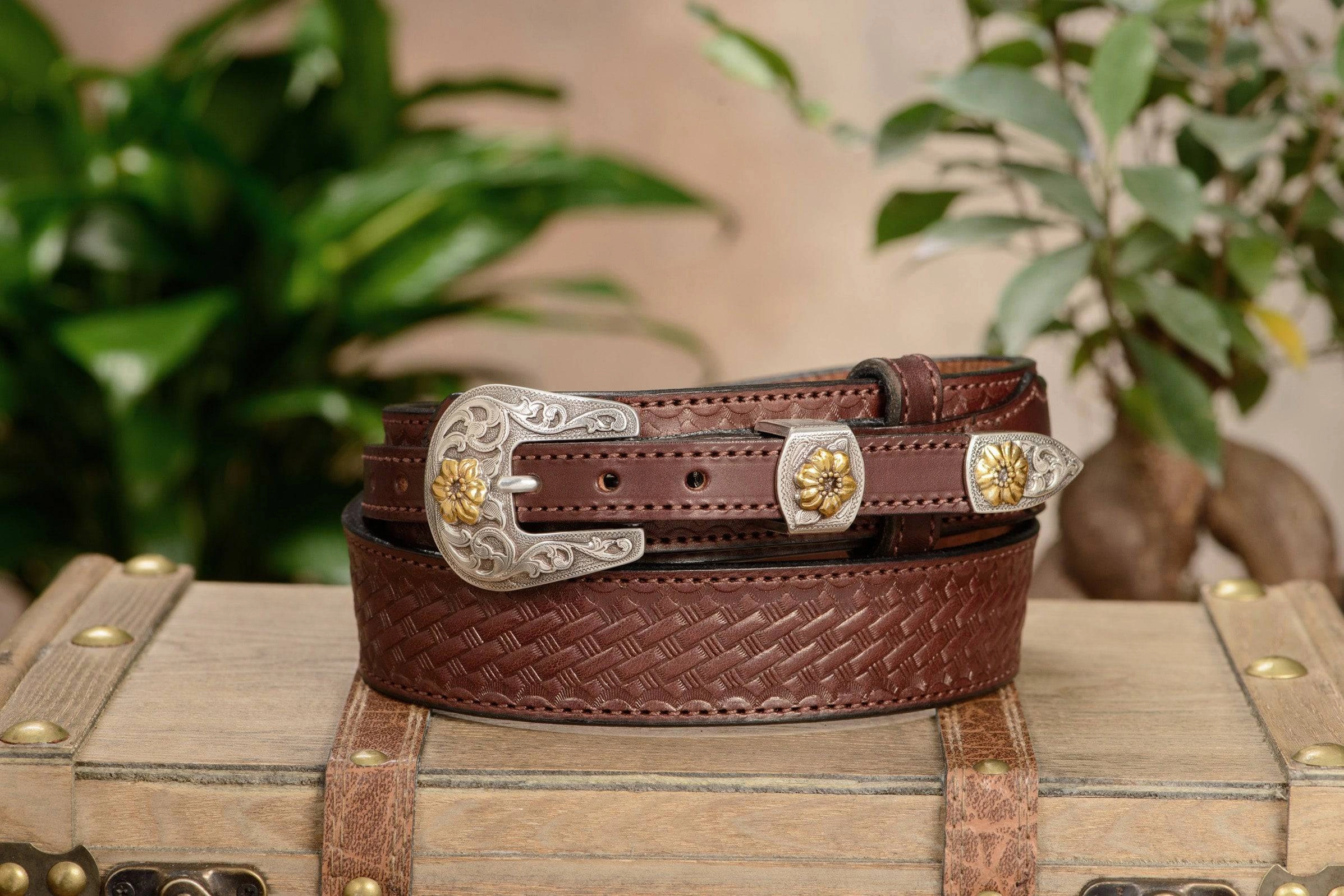 The Texan: Brown Stitched Basket Weave Western Ranger 1.50"