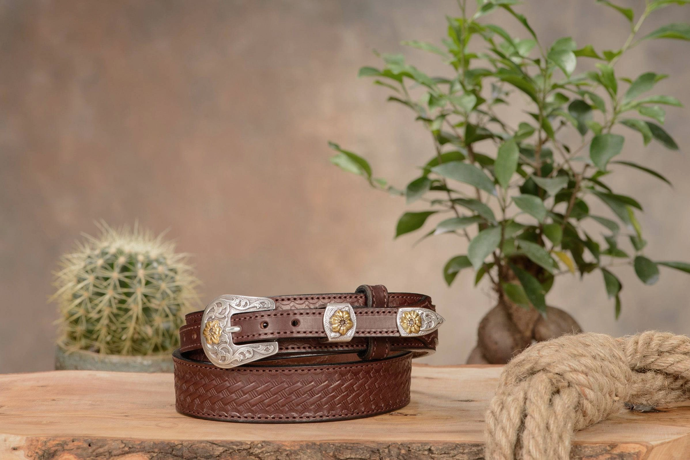 The Texan: Brown Stitched Basket Weave Western Ranger 1.50"
