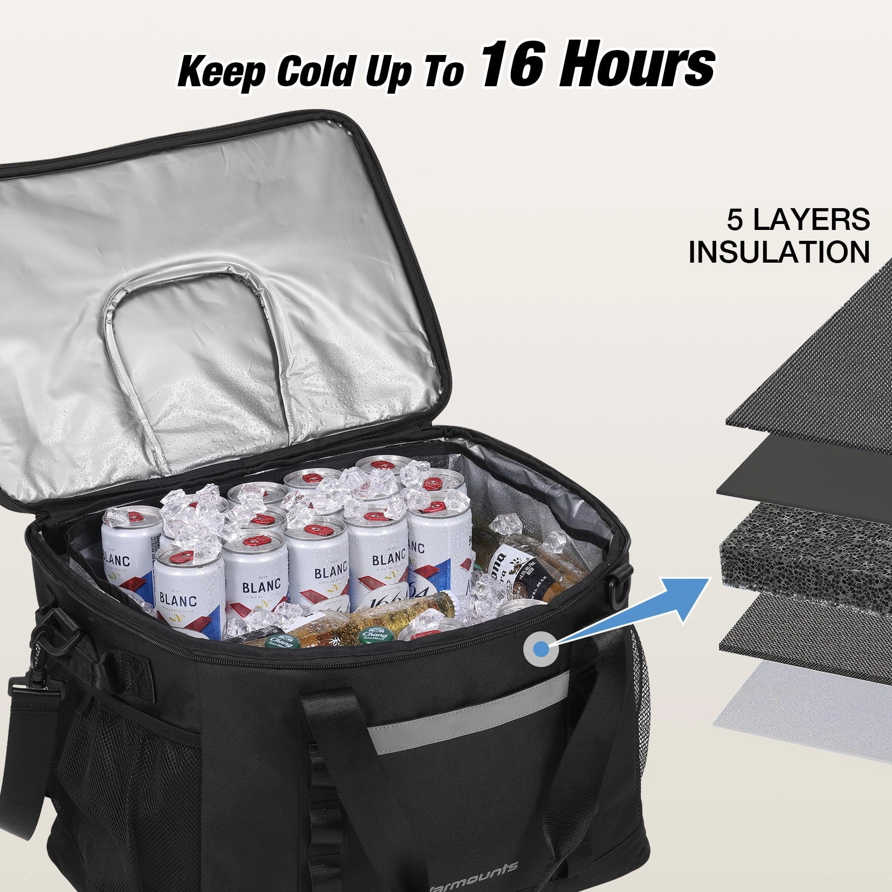 Warmounts Camping Cooler Bag & Insulated Bag 2 in 1, 75 Cans With Insulating Cover, 50 L Black